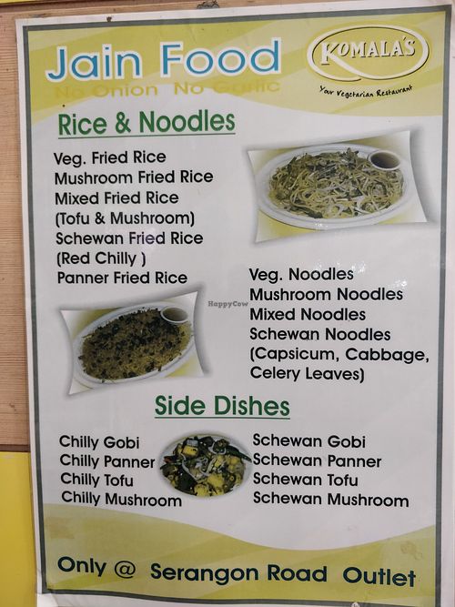Jain food menu at Komala's Restaurant - Farrer Park in Central Singapore