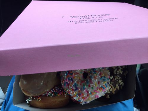Doughnut box (doesn't close with a dozen) at Vegan Donut Gelato in Oakland