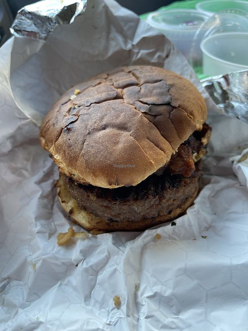 Smokehouse Burger w slaw ots  at On The Bus in Milwaukee
