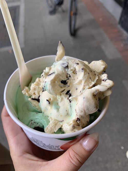 after eight (mint + chocolate) and orange chocolate chip. super delicious!  at Eis 2000 in Hannover