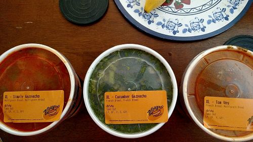 Vegan soups for that day.  Came with French bread and Multigrain bread, both of which are vegan. at Zoup! in Highland