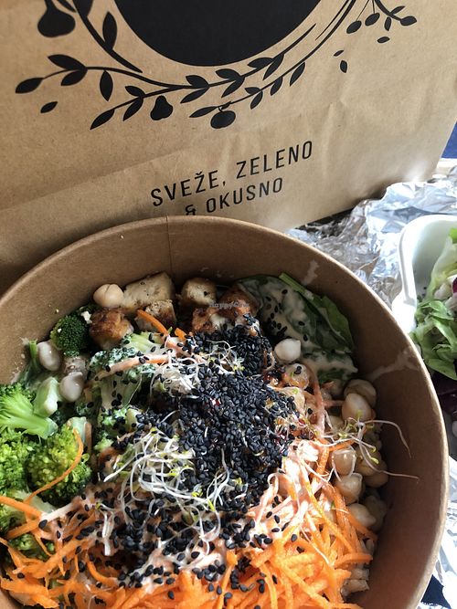 peanut butter bowl with tofu, brown rice and vegetables  at Barbarella Juicebar in Ljubljana