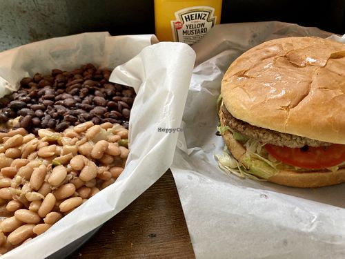 Impossible Burger with side of beans - both black and pinto beans are vegan! at Firewood in Murphys