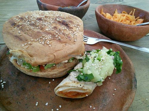 burger + taquito at Schizandra in Oaxaca
